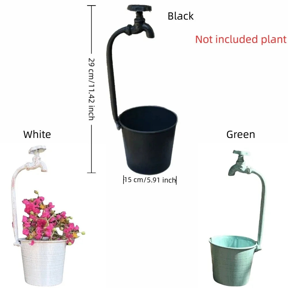 Rustic Metal Faucet Flowerpot Artistic Crack Resistant Retro Vintage Flowerpot Corrosion-Resistant Garden Flower Pot Office Vue
