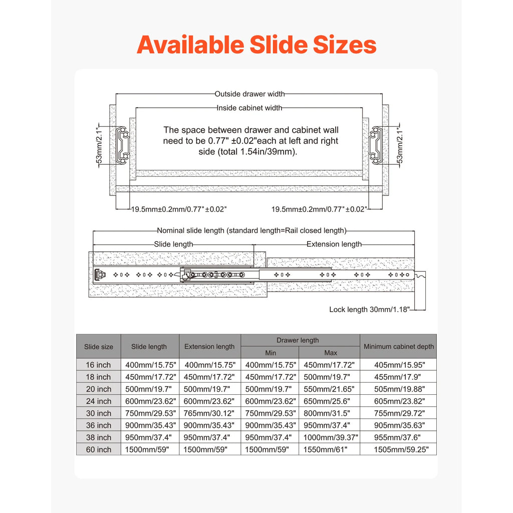 Heavy-Duty Drawer Slides Set of 2 – 250 lb Lockable, 16–60 in Drawer Slides Vue