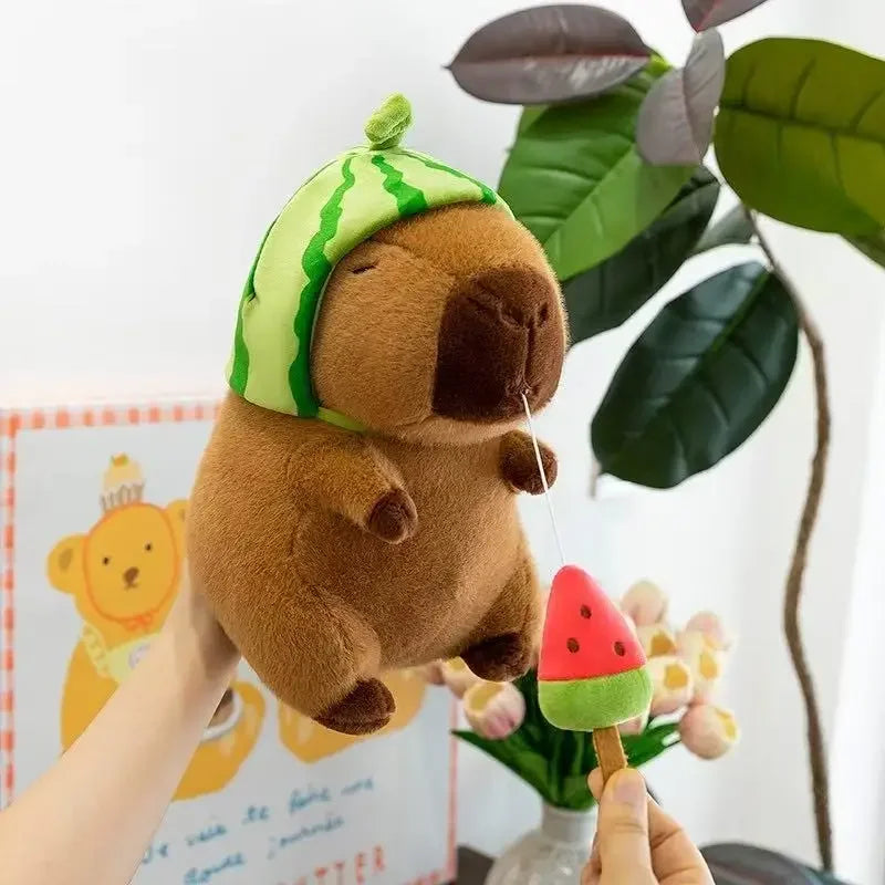 25cm Watermelon Dolphin Hat with Detachable Kapibala Plush Doll Cute Summer Gift for Girls Kawaii Beach Accessory Vue Brown