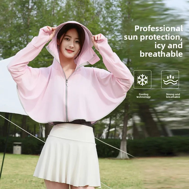 Ice Silk Hooded Sun Protection for Women Brim UV Blocking Breathable Cooling Outdoor Cycling Travel Casual Daily Cover Up Vue Pink A