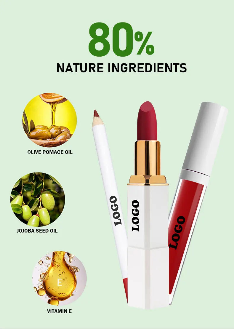 3pcs Lipgloss Lipstick Lip Liner Set Custom Logo Makeup Nude Velvet Waterproof Lip Gloss Tint Glaze Long Lasting Cosmetics Kit Vue