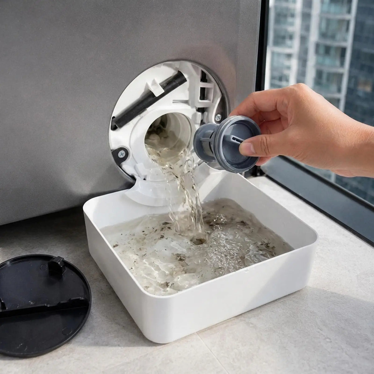 Washing Machine Drain Tray w/Reusable Lint Filter, Funnel Water Catcher for Front Load Washer, Floor Protector for Laundry Room Vue