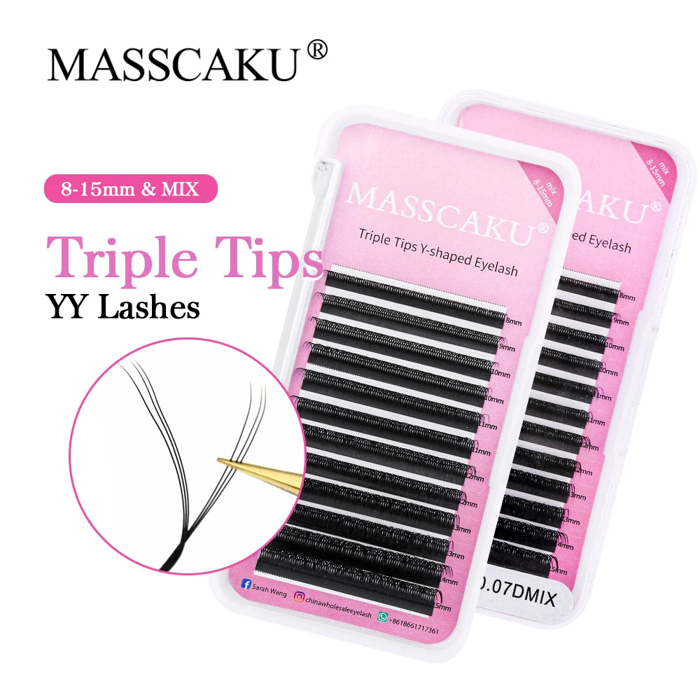 MASSCAKU C/D Curl Triple Tips YY Shape Hand Woven Natural Soft Eyelashes Extension Brazilian Volume Mesh Net Cross False Eyelash Vue