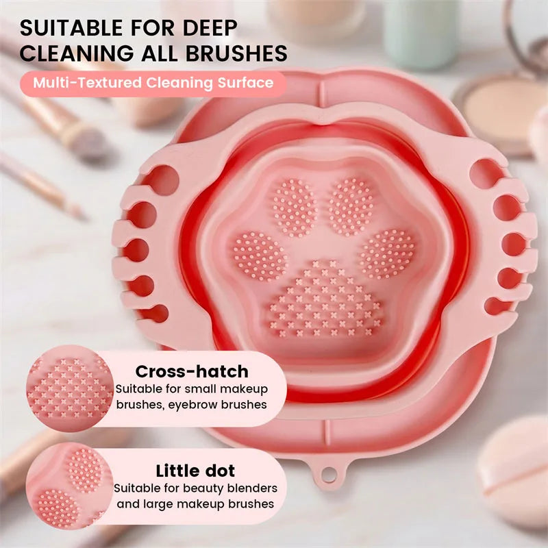 Foldable Cat Paw Silicone Makeup Brush Cleaning Bowl Portable Collapsible Makeup Sponge Washing Scrub Mat with Brush Holder Slot Vue