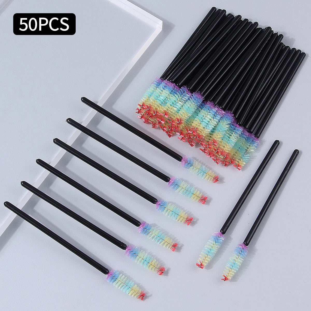 Hot Sale 50pcs Disposable Rainbow Eyelash Spoolies, Glitter & Black Handle Mascara Wands for Eyelash Extension & Eyebrow Styling Vue black Nylon