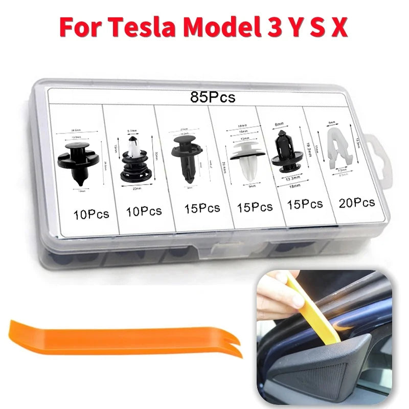 85Pcs/set Car Clips Retainers Fasteners Sets with Fastener Removers Plastic Rivet Fastener For Tesla Model 3 Y S X Vue