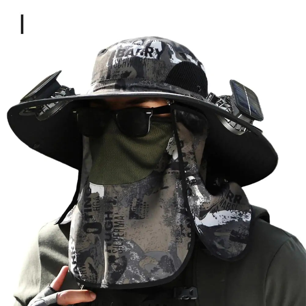 Solar USB Rechargeable Full Face Cover Mute Fan Summer Male Outdoor Fan Hat Big Edge Sun Hat Sunscreen Quick-drying Fishing Hat Vue I