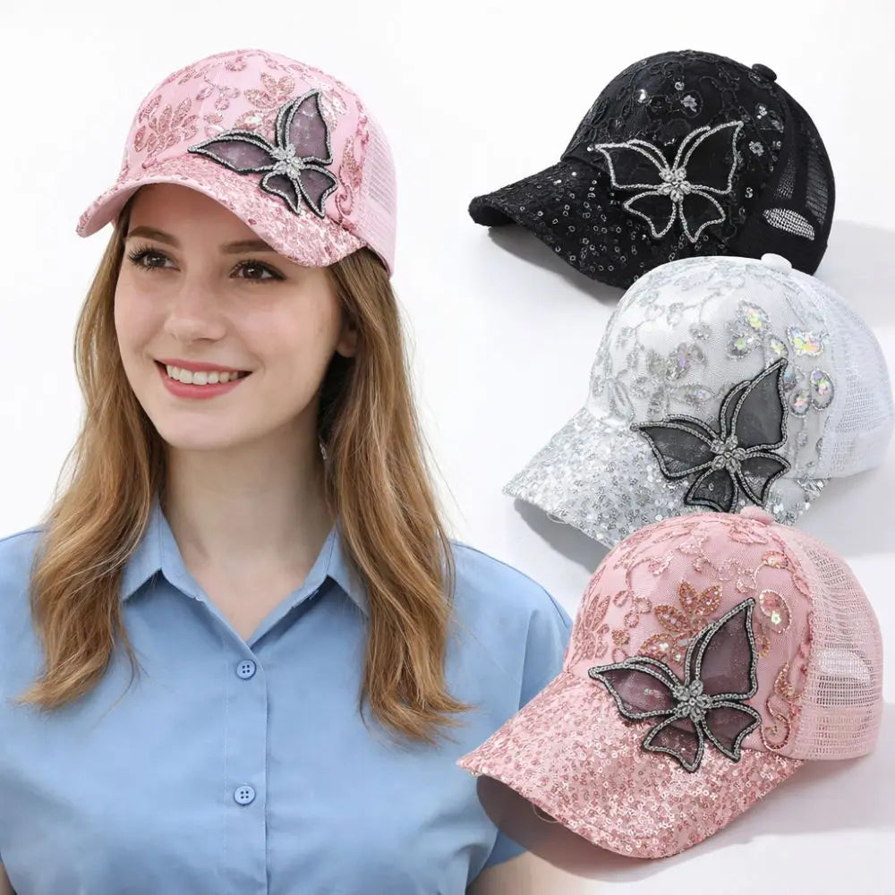 Trendy Mesh Women's Baseball Cap Black Rhinestone Butterfly Decor Sun