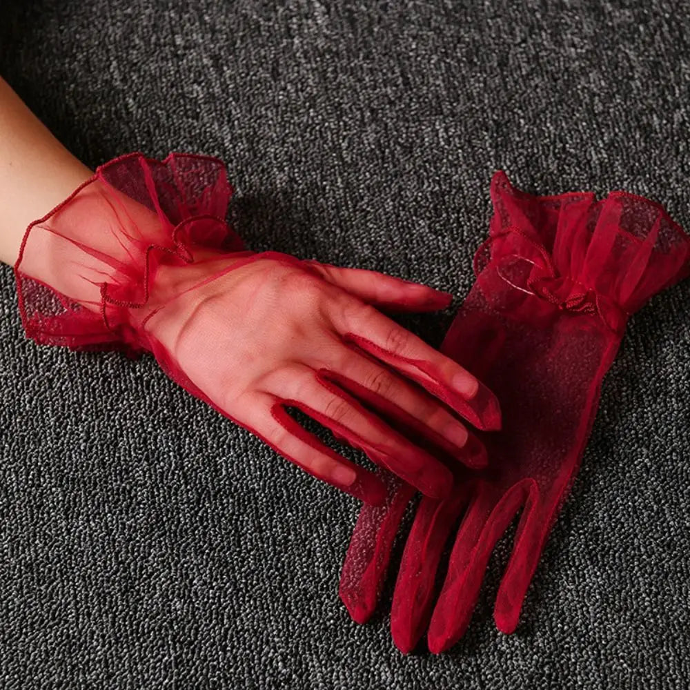 Elastic Transparent Women Tulle Gloves Ultra Thin Short Gauze Lace Vue Wine red