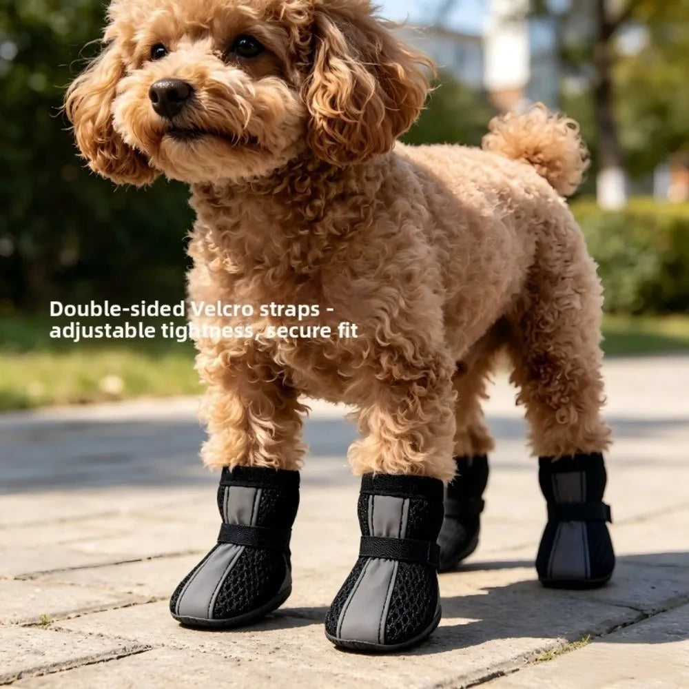 4PCS/SET Non-slip Mesh Dog Shoes Breathable Wear-resistant Pet Booties Reflective Stripe Hook-and-loop Strap Pet Paw Protector Vue
