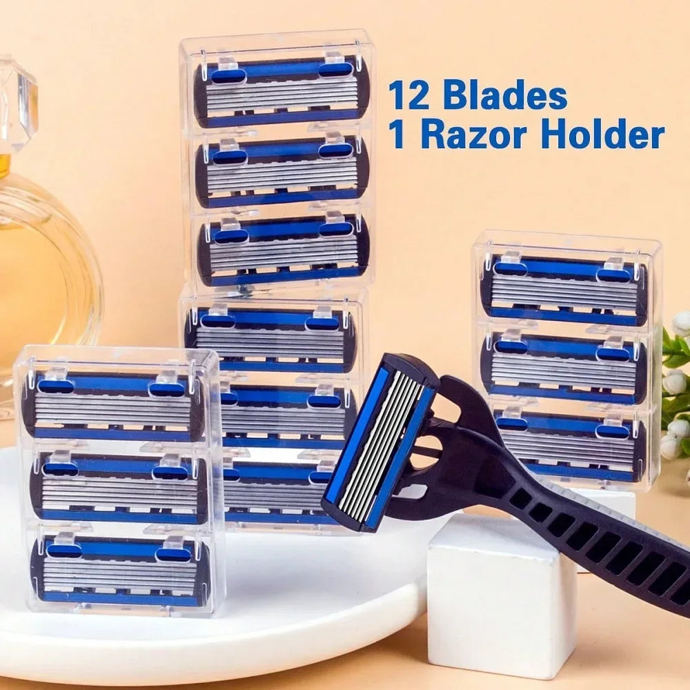 1 Handle + 12 Blades Men Women Manual Shaver Head Safety razor 6-Layer Stainless Steel Hair Removal Shaving Replaceable Vue M393 grey 13pcs