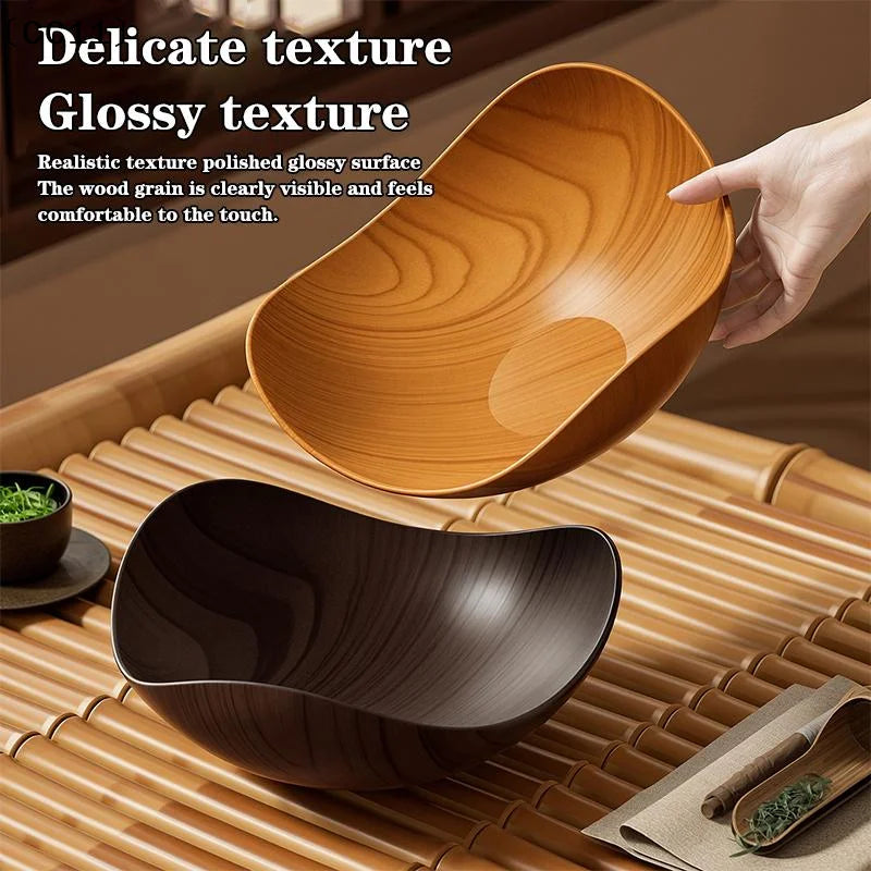 4 Wood Grain Plastic Bowl Multifunctional Salad Fruit Candy Container