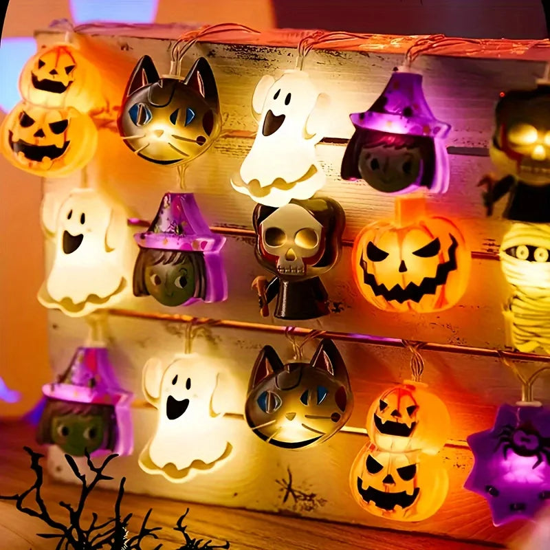 Halloween Mixed Cartoon Character LED String Lights, Pumpkin Ghost Skeleton Witch Spider Fairy Lights for Halloween Party Decor Vue Warm White 1.5M10LED