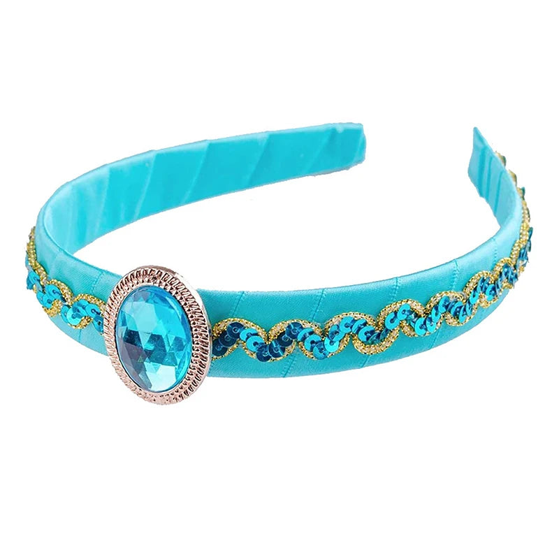 1PCS Girls Jasmine Blue Headbands Large Crystal Children Headwear Arabian Princess Hair Bands For Cosplay Party Hair Accessories Vue