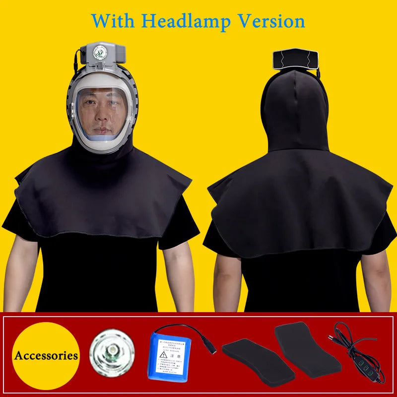 Full Cover Electric Powered Air Supply Dust Mask Hat Dustproof Hood Cape For Harvester Polishing Sanding Industrial Dust Vue Headlamp Version