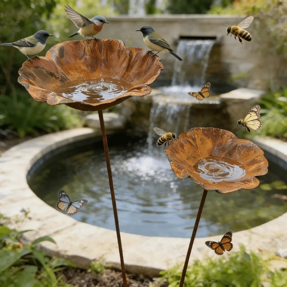 Flower Shape Metal Bird Bath Iron Art Rusted Vintage Bird Water Dispenser Ground Insert Handcrafted Garden Birdbath Vue