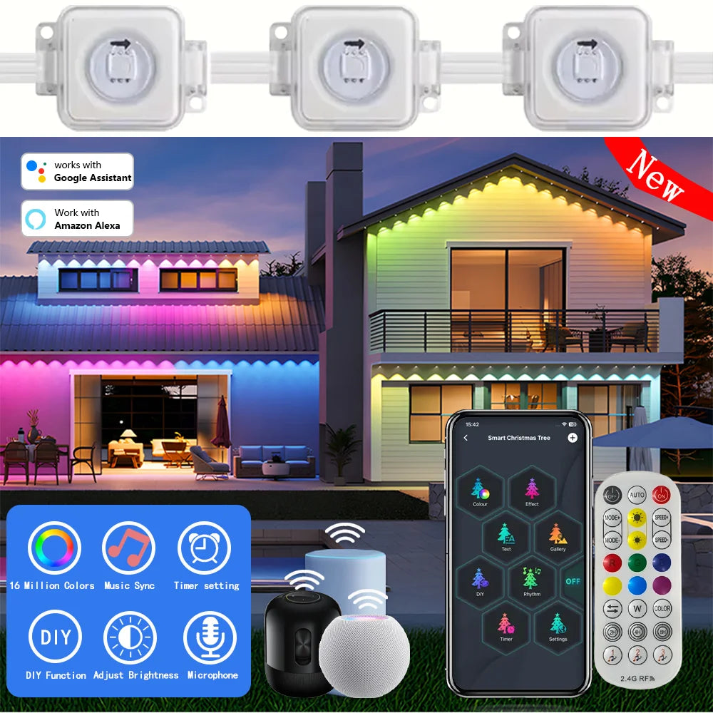 Smart RGBIC LED Eave Lights 100FT Permanent Outdoor Waterproof Dimmable With Alexa Google for Holiday Party Home Decor Lights Vue White US Plug 45M 90LEDs