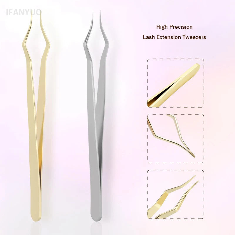 Square Curved Tip Tweezers Lash Extension Tweezers High Precision Silver Gold Stainless Steel Anti Slip Quick-Separator Tools Vue