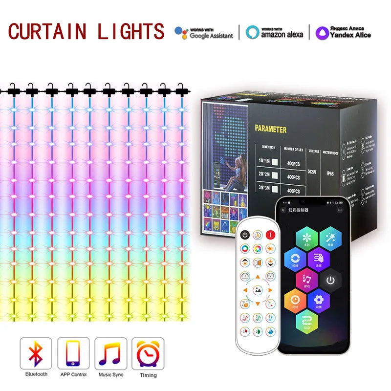 Smart Curtain Lights RGB IC 400LEDs DIY Graphic Display Suitable for Christmas Curtain Decorative Light Strings Vue