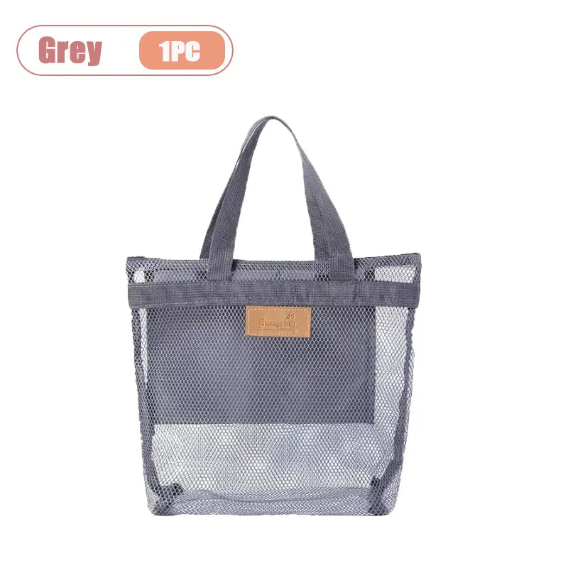 1-5PCS Mesh Beach Bag with Zipper for Swimming Pool Travel Portable Storage Pouch for Wet Swimwear Towel Toiletries Sandals Vue Grey-1PC