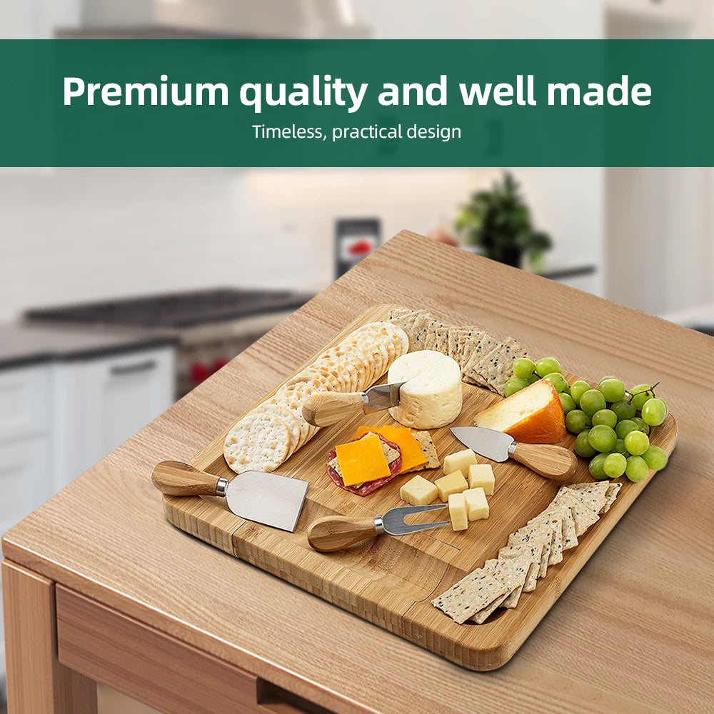 Charcuterie Boards Gift Set with 4 Cheese Knives Large Bamboo Cheese Boards with Hidden Utensil Drawer Partition Food Storage Vue wood