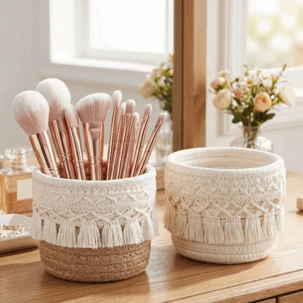 Cotton Rope Woven Storage Basket Bohemian Style Round Makeup Brush Storage Box Lightweight Tassels Storage Basket Vue
