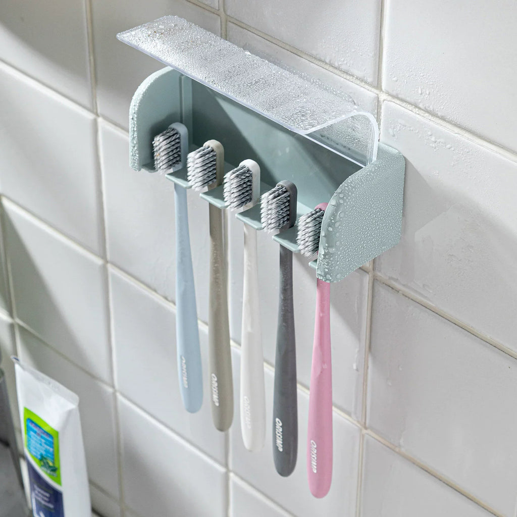 A Covered 5-Slot Toothbrush Holder Self-Adhesive Wall Toothbrush Storage Rack Plastic Bathroom Supplies Vue
