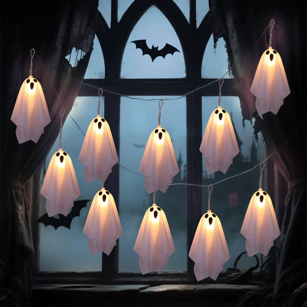 Spooky Ghost LED Garland String Lights, Halloween Hanging Fabric Decor Lights for Mantel Porch Haunted House Holiday Decoration Vue