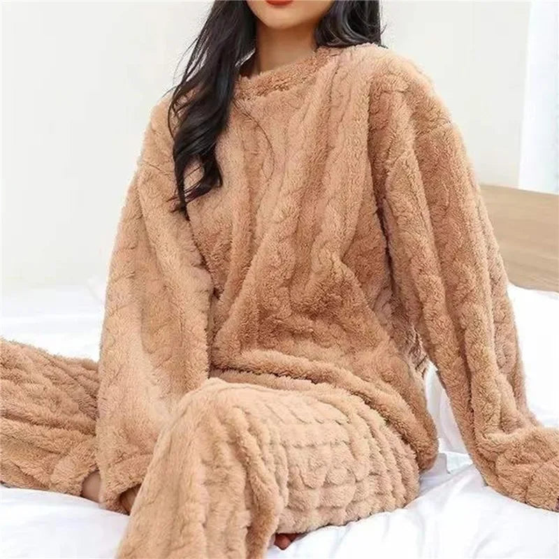 Womens Winter Coral Fleece Lounge Set Solid Color Jacquard Knit Pajama Suit Long Sleeve Top and Pants Warm Sleepwear Vue One Size Coffee