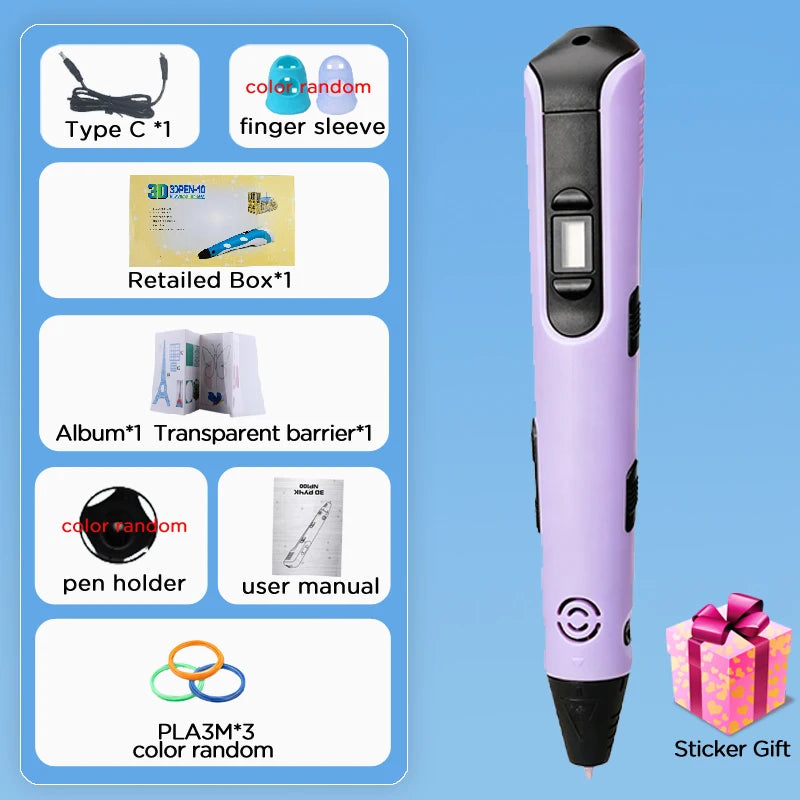 New 3D Printing Pen LCD Display Screen 1.75mm ABS / PLA Filament Kids DIY Drawing Pen Boy and Girls Christmas Birthday Gifts Vue Purple-9M PLA