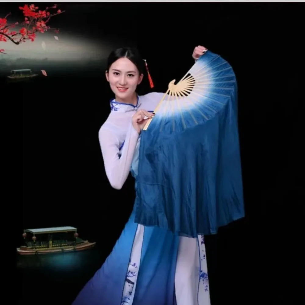 Creative Chinese Classical Dance Fan Traditional Gradient Ink Blue Hand Fan Double-Sided Hand Dye Folding Fan Adults Vue