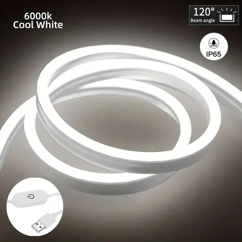 Touch Sensor LED Neon Sign Light Strip 5V USB Dimmable Waterproof Neon Lamp Flexible Tape Silicone Bedroom Backlight DIY Decor Vue Cool White 3m