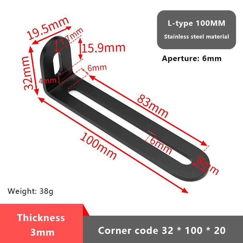 1PCS L-shaped Stainless Steel Adjustable Angle Code Long Hole Activity 90 ° Right Angle Furniture Fixer Shelf Bracket Connector Vue 7 Black