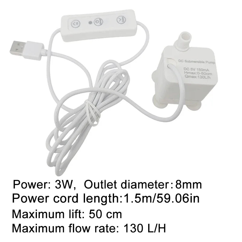 Aquarium Adjustable Silent USB Fish Tank Filtration Pump Pet Fountain Submersible Flow Water Circulation Pump Wired Controller Vue 3W