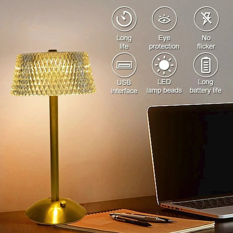Retro Diamond Glass Table Lamp USB Rechargeable LED Bar Desk Lamp Eye Protection Night Light Bedroom Hotel Office Wedding Decor Vue