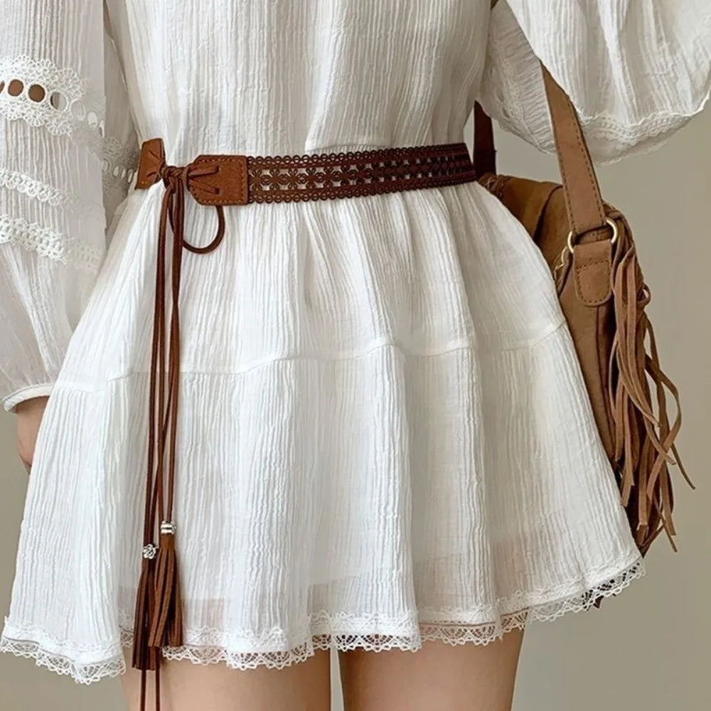 Retro Bohemian Long Tassel Braided Belt Rope Knotted Hollow Pattern