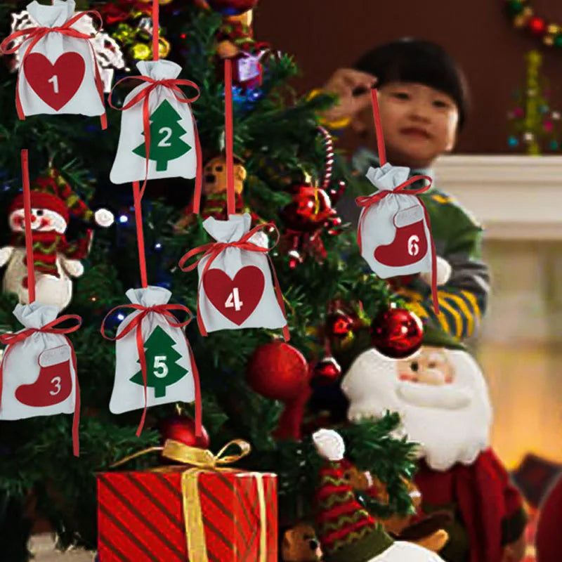 24PCS Festive Drawstring Pouch Christmas Party Favor Bag with Number Tags Felt Advent Calendar Countdown Decoration Vue