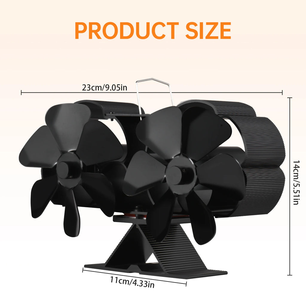 Dual Head 6 Blade Heat Powered Stove Fan with Carrying Handle and Overheating Protection Portable Heat Fan Vue