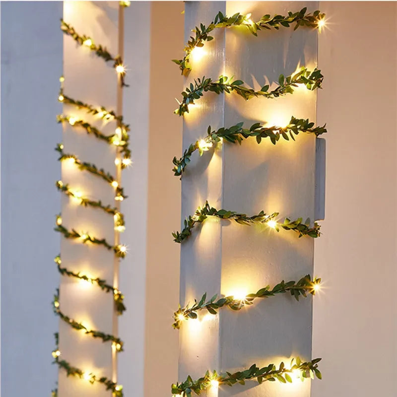 Artificial Green Leaf Led Fairy Lights Garland Christmas Tree Decoration Outdoor Room Curtain Lamp Wedding Party Garden Decor Vue