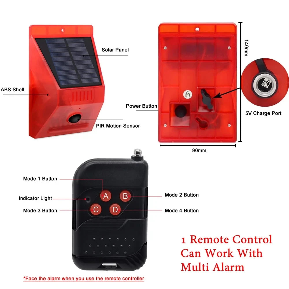 New Solar Infrared Motion Sensor Detector Waterproof 129dB Loud Remote Control Siren Security Alarm System For Home Yard Outdoor Vue