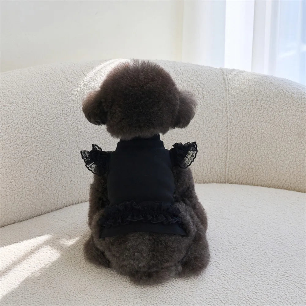Comfortable Lace Pet Summer Vest Soft Breathable Cat Base Skirt Flying Sleeve Dog Clothes Small Animal Vue Black L