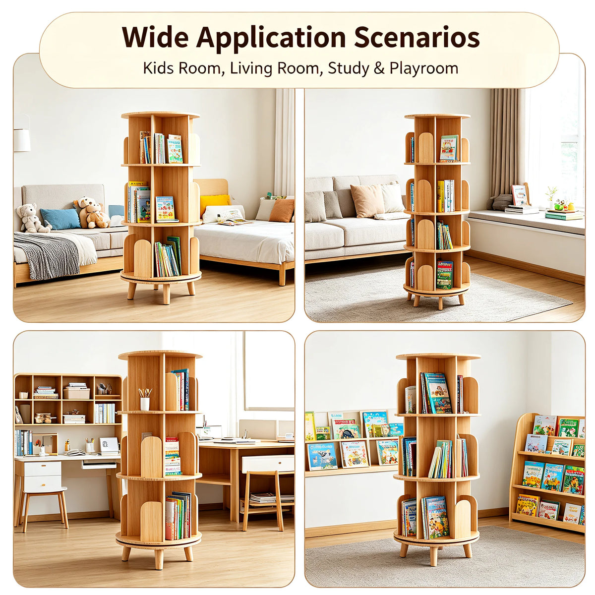 4-Tier Rotating Bookcase | 360° Spin | Solid Pine Wood Storage Rotating Bookcase Vue