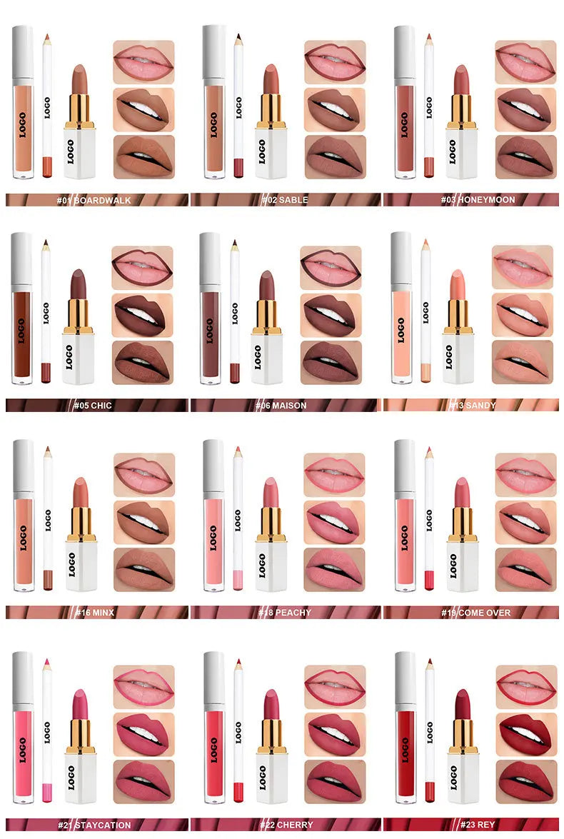 3pcs Lipgloss Lipstick Lip Liner Set Custom Logo Makeup Nude Velvet Waterproof Lip Gloss Tint Glaze Long Lasting Cosmetics Kit Vue WHITE 1set sample