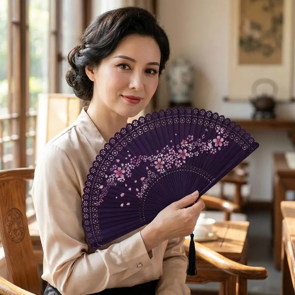 Vintage Carved Hollowed-Out Fan Classical Natural Bamboo Folding Fan with Tassel Chinese Style Cherry Blossom Fan Vue