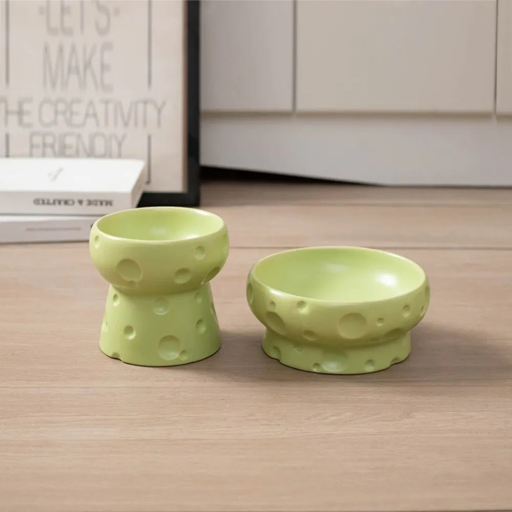 Cute Creative Large Diameter Elevated Cat Bowl Anti-knock Cheese Shape High Foot Bowl Anti-spill Ceramic Water Bowl Indoor Use Vue