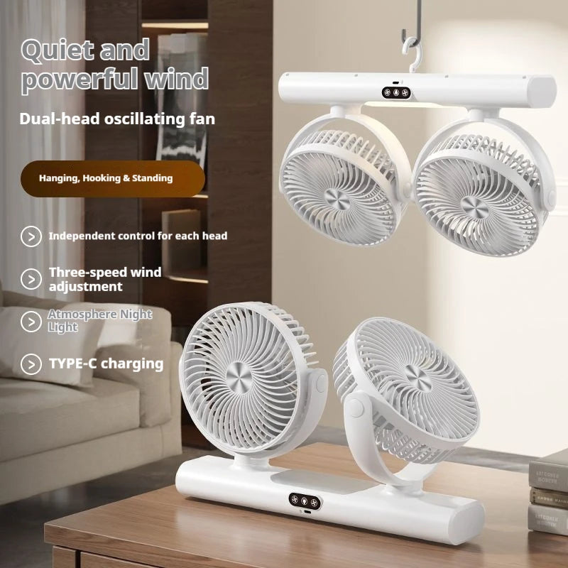 Rechargeable Dual-head Desk Fan Night Light 3-Speed Quiet Air Vue