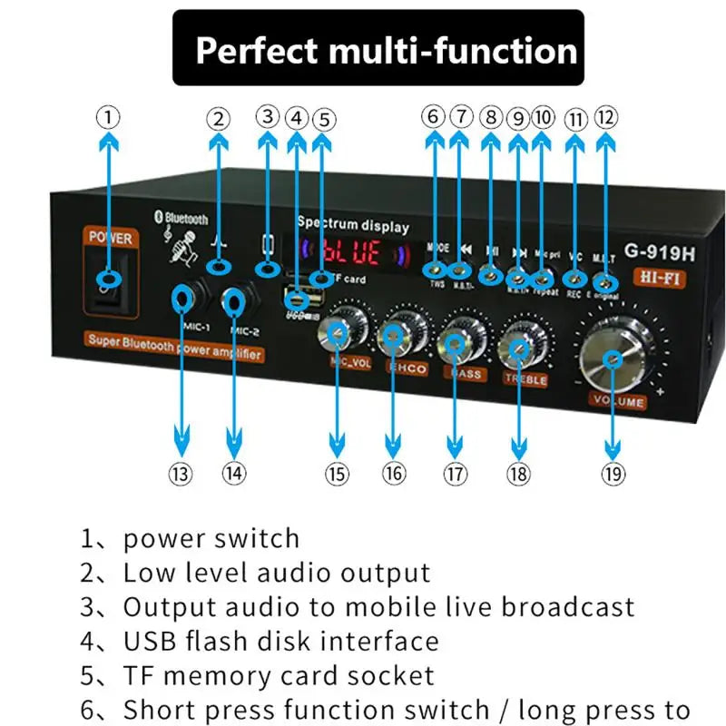 G919H 1000W Home Car Power Amplifiers 2 Channel Bluetooth Surround Sound FM USB Remote Control Mini HIFI Digital Stereo Amp Vue