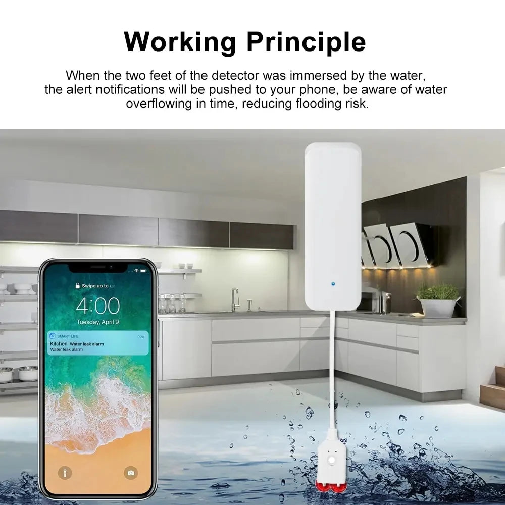 Tuya Smart Flood Leakage Sensor Remote Monitor WiFi Water Overflow Level Detector Water Leak Sensor Security Sound Alarm System Vue