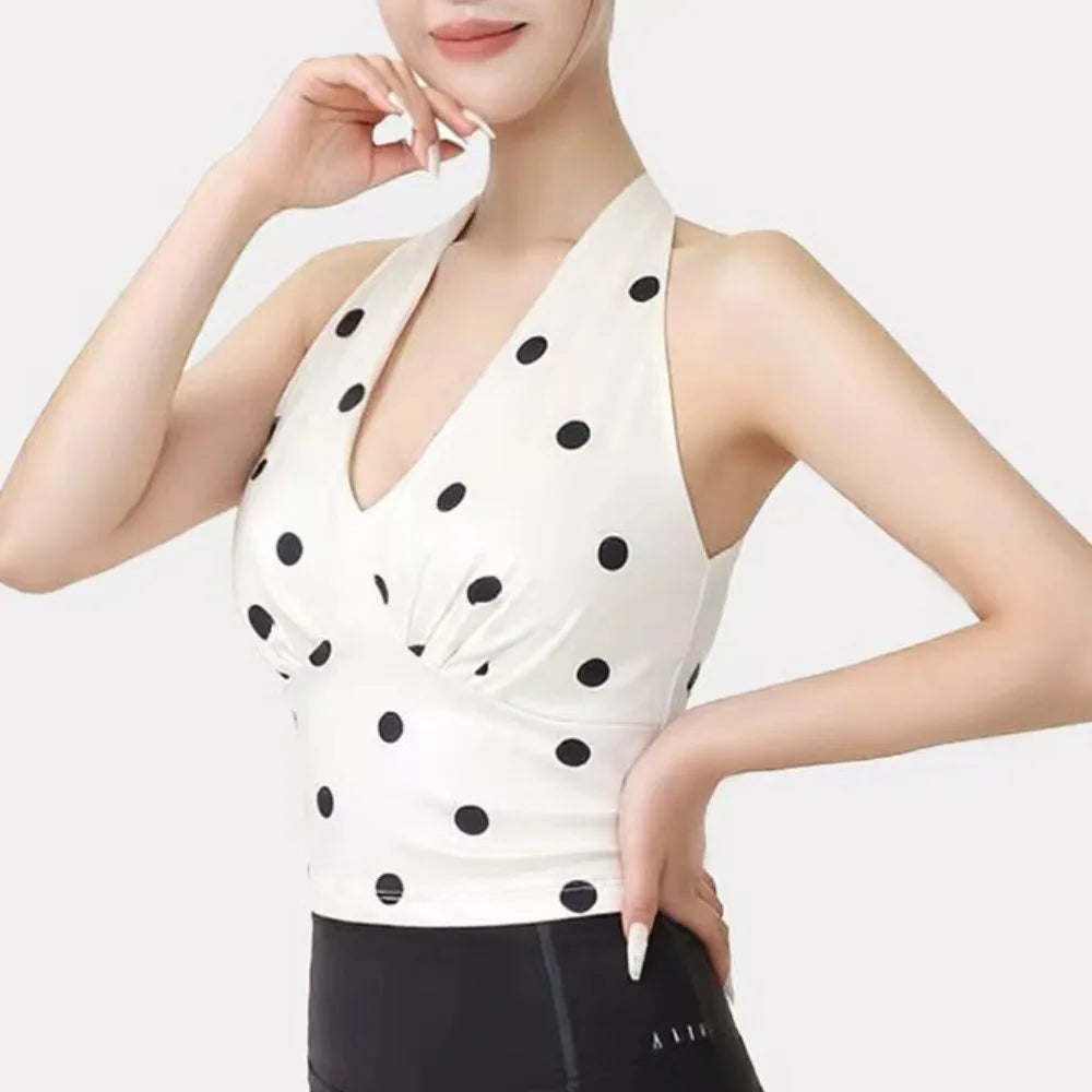 Y2K V-Neck Yoga Vest Backless Fixed Pad Sports Bra Breathable Slim Fit Push-Up Tank Top Daily Street Vue White-M