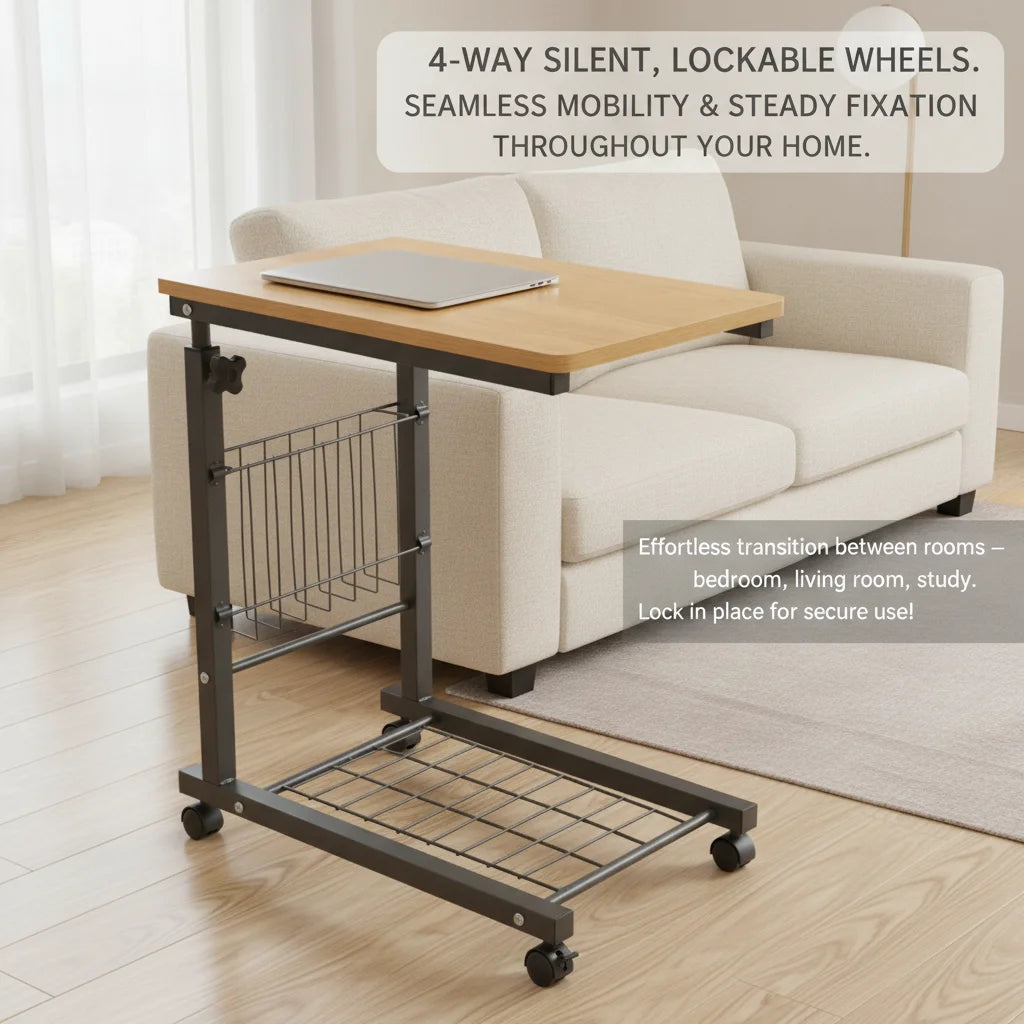 Adjustable C-Shaped Bedside Table with Wheels | 2-Tier Teak Adjustable Side Table Vue
